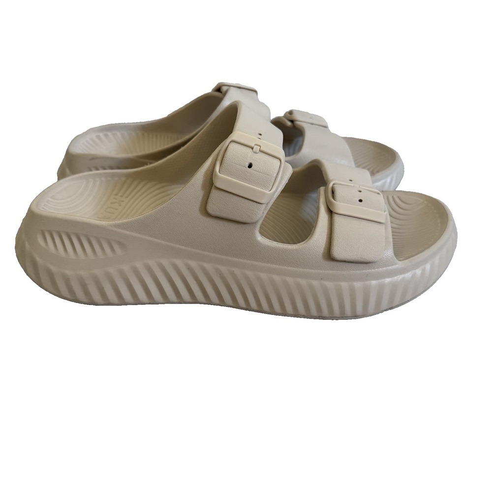 Kuailu Sandals Women 10 Platform Recovery Slides Beige Double Strap Buckle EVA